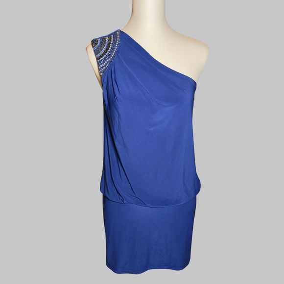 Cache Dresses & Skirts - Vintage 1990’s Cache One-Shoulder Cobalt Blue Dress with Beaded Shoulder